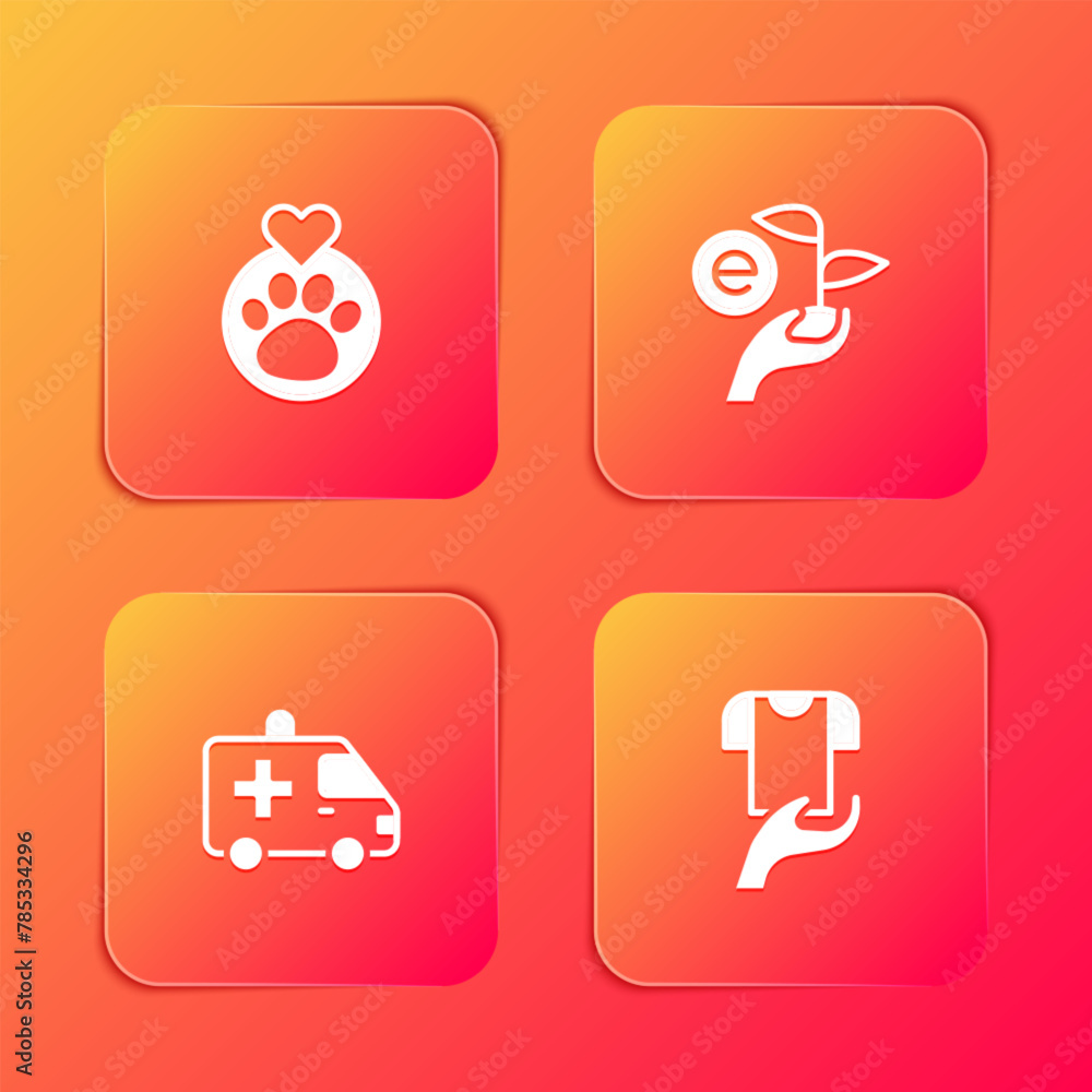 Set Heart with animals footprint, Leaf hand, Ambulance car and Clothes donation icon. Vector Set Heart with animals footprint, Leaf hand, Ambulance car and Clothes donation icon. Vector