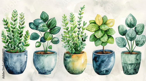 Watercolor home potted plants, design indoor potted flowers.