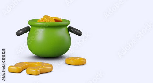 Realistic cauldron with gold coins, golden horseshoe. Mythical wealth, symbol of incredible luck