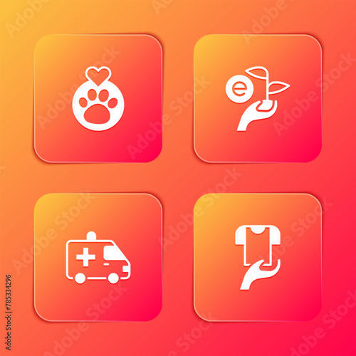 Set Heart with animals footprint, Leaf hand, Ambulance car and Clothes donation icon. Vector