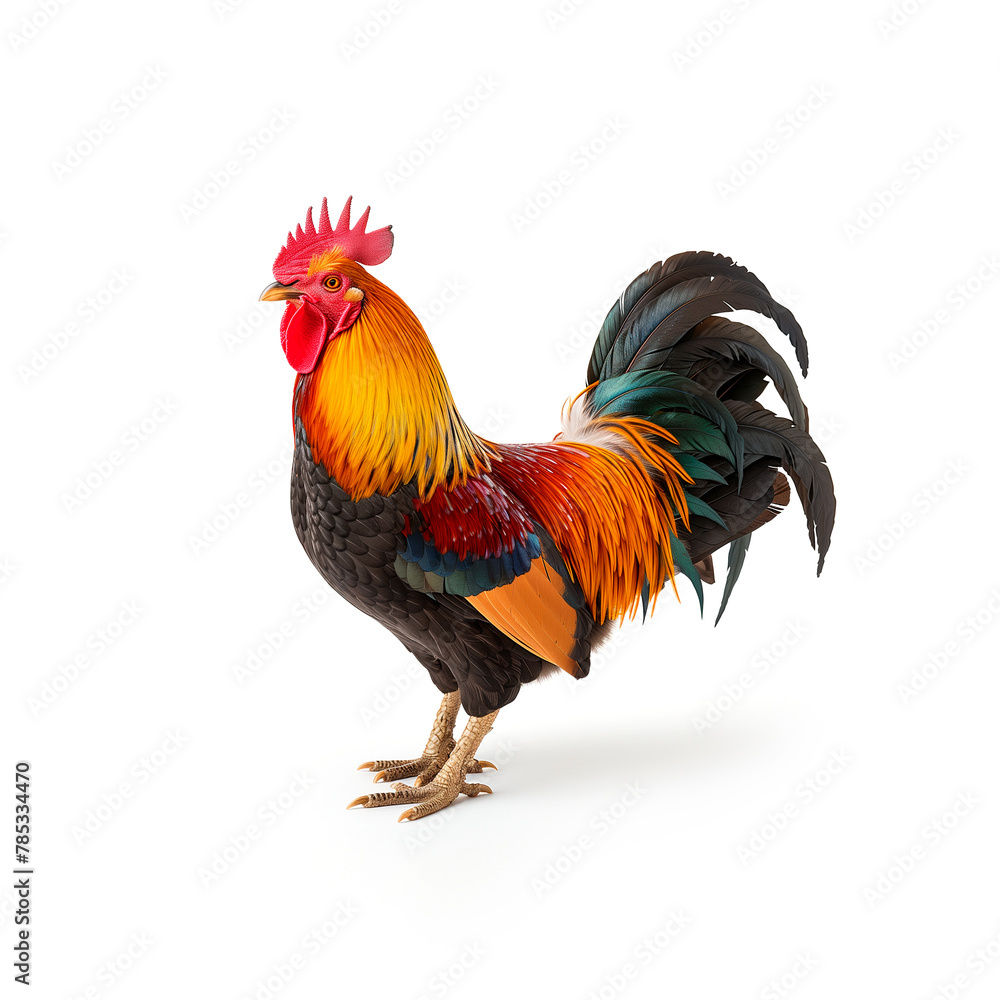 Colorful Rooster Standing on White Surface. Generative AI