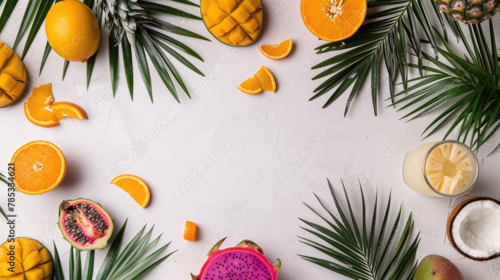 a vibrant array of tropical fruits and lush palm leaves arranged on a clean white background, with ample space left for text to convey a message of freshness and vitality. a vibrant array of tropical fruits and lush palm leaves arranged on a clean white background, with ample space left for text to convey a message of freshness and vitality.