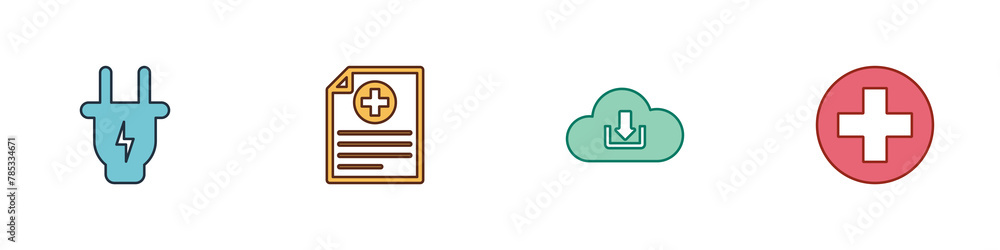 Set Electric plug, Clinical record, Cloud download and Medical cross circle icon. Vector Set Electric plug, Clinical record, Cloud download and Medical cross circle icon. Vector