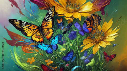 Modern Abstract Art Using a Vibrant Butterfly and Flower Effect Evolving into Colorful 3D Like Dynamic Thick Oil Splash  Spray and Symmetrical Effects