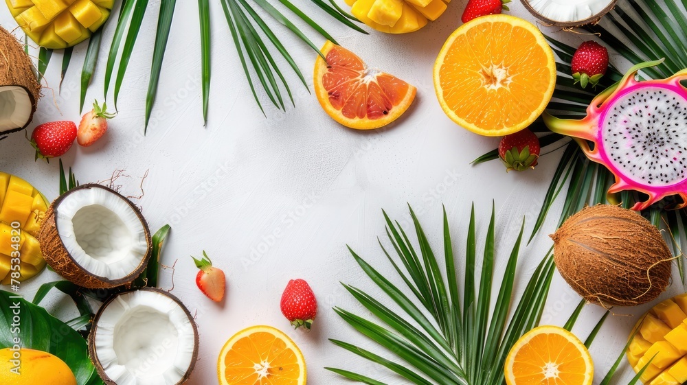 a vibrant array of tropical fruits and lush palm leaves arranged on a clean white background, with ample space left for text to convey a message of freshness and vitality. a vibrant array of tropical fruits and lush palm leaves arranged on a clean white background, with ample space left for text to convey a message of freshness and vitality.