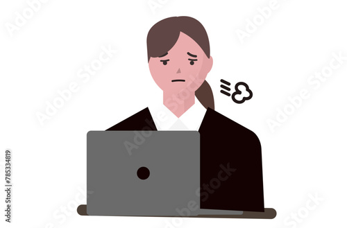 疲れながら残業をするビジネスウーマン。ベクターイラスト