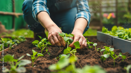 A woman is planting a seedling in a garden. Concept of nurturing and growth, as the woman carefully places the seedling in the soil. The garden setting suggests a peaceful and natural environment