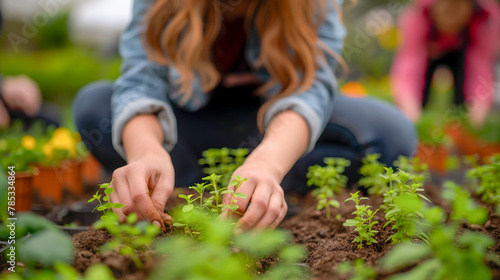 A woman is planting a seedling in a garden. Concept of nurturing and growth, as the woman carefully places the seedling in the soil. The garden setting suggests a peaceful and natural environment