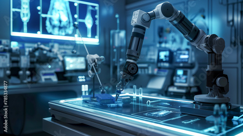 A robot is working on a medical device in a lab. The robot is surrounded by various medical equipment and monitors. Concept of precision and efficiency, as the robot is focused on its task