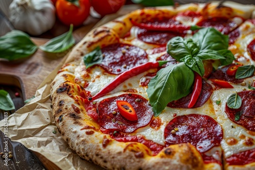 Pepperoni Pizza, Traditional Italian Diabolo Pizza Flatbread on Wood Plate with Salami, Chili Pepper photo