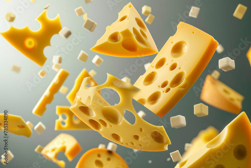 Different types of cheese are flying or falling in the air.