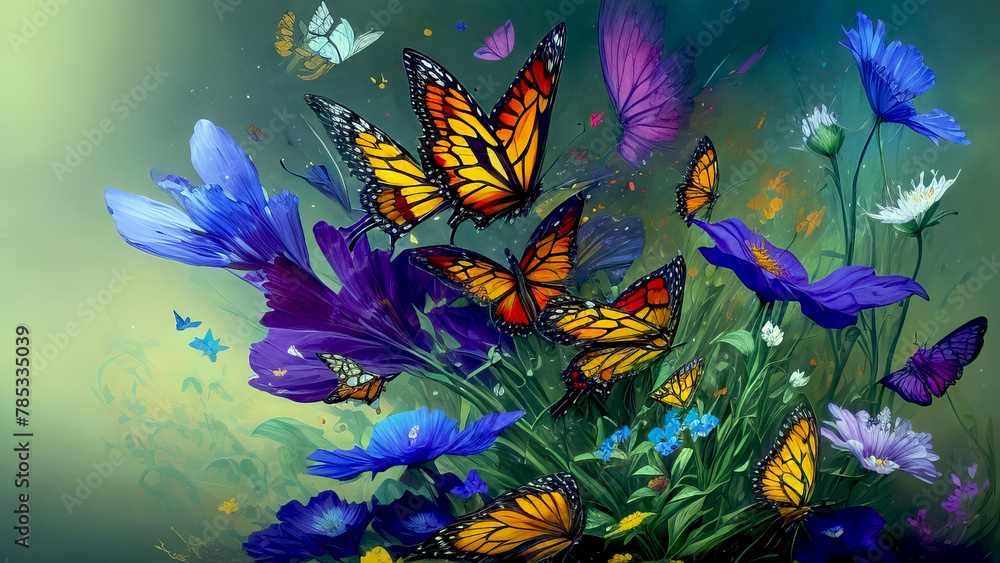 Modern Abstract Art Using a Vibrant Butterfly and Flower Effect Evolving into Colorful 3D Like Dynamic Thick Oil Splash, Spray and Symmetrical Effects