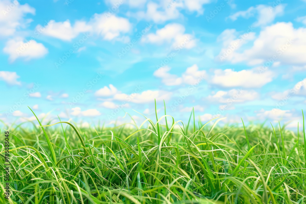 Green grass field and blue sky summer landscape background.