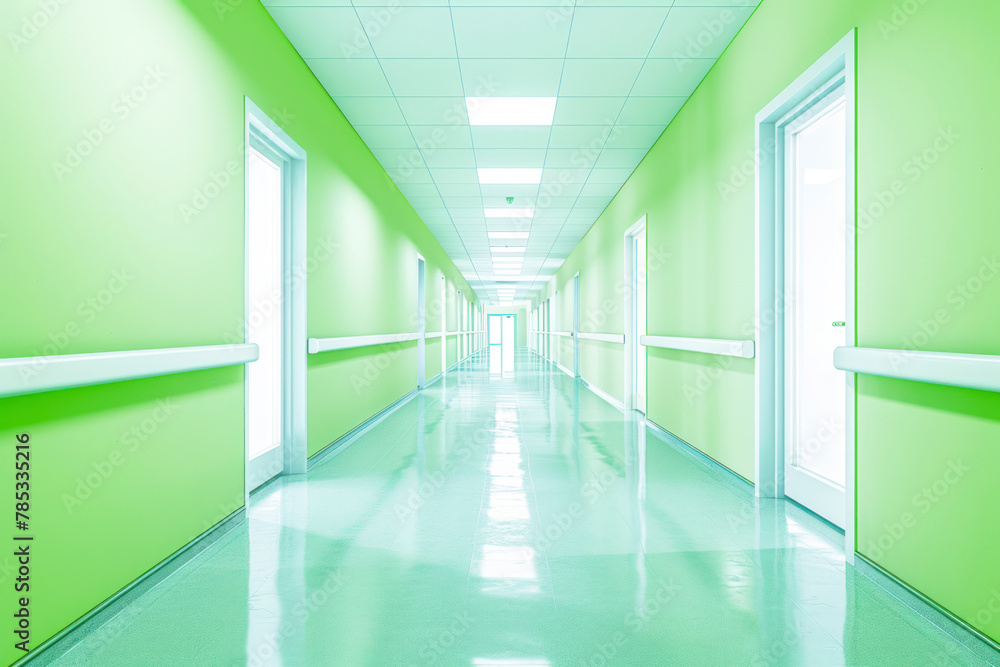 Interior of empty white hallway in modern bright hospital with green walls. Interior of empty white hallway in modern bright hospital with green walls.