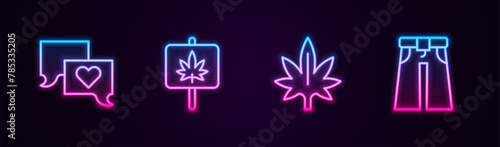 Set line Speech bubble chat, Marijuana, and Jeans wide. Glowing neon icon. Vector