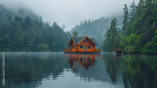 Tranquil Cabin Retreat by Misty Waters. Concept Cabin Retreat, Misty Waters, Tranquil Views, Nature Photography, Relaxation Escape