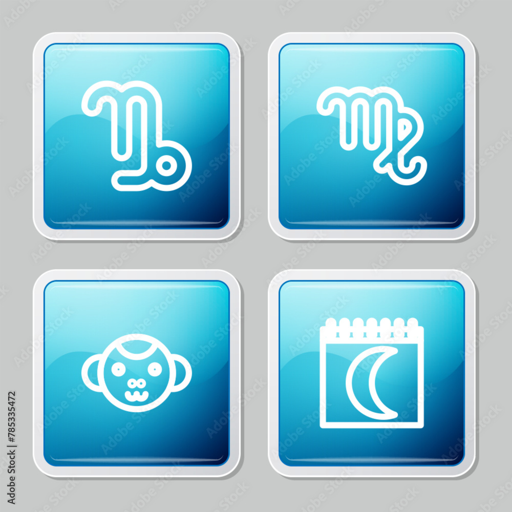 Set line Capricorn zodiac, Virgo, Monkey and Moon phases calendar icon. Vector Set line Capricorn zodiac, Virgo, Monkey and Moon phases calendar icon. Vector
