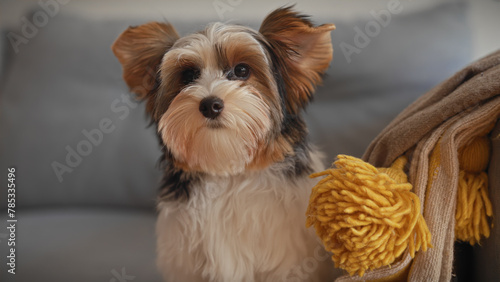 Adorable biewer terrier puppy indoors on a grey sofa with a yellow blanket