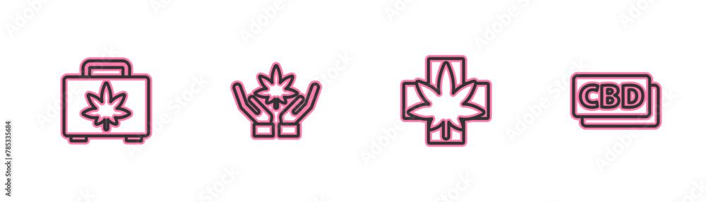 Set line Shopping box of marijuana, Medical or cannabis leaf, Marijuana and Cannabis molecule icon. Vector Set line Shopping box of marijuana, Medical or cannabis leaf, Marijuana and Cannabis molecule icon. Vector