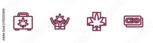 Set line Shopping box of marijuana, Medical or cannabis leaf, Marijuana and Cannabis molecule icon. Vector