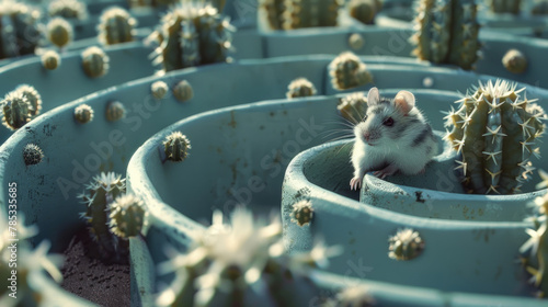 A small rodent perched inside a pot filled with cacti plants photo