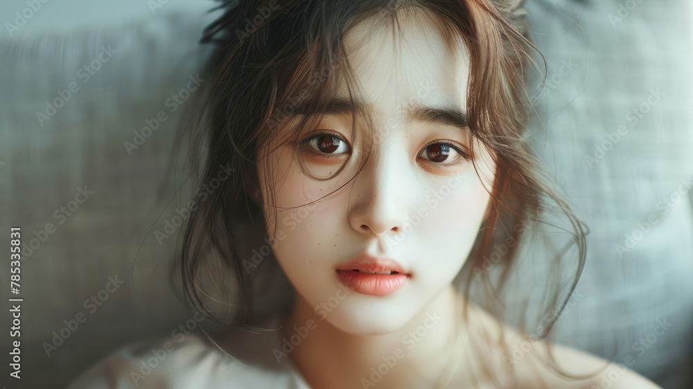 Naklejka premium Asian woman with melancholic expression - A young Asian woman with delicate features has a melancholic look in a soft-focus portrait
