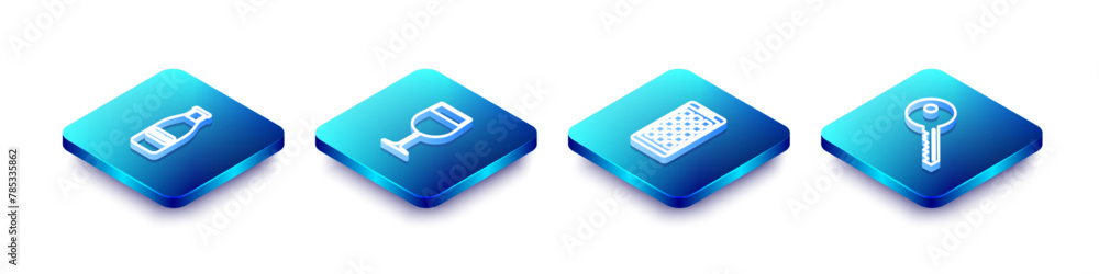 Set Isometric line Glass bottle milk and cap, Wine glass, Mobile Apps and Key icon. Vector Set Isometric line Glass bottle milk and cap, Wine glass, Mobile Apps and Key icon. Vector