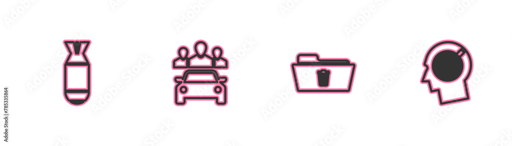 Set line Aviation bomb, Delete folder, Car sharing and Head hunting concept icon. Vector Set line Aviation bomb, Delete folder, Car sharing and Head hunting concept icon. Vector