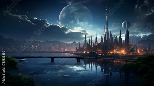Fantasy night cityscape with blue sky and full moon. 3D rendering