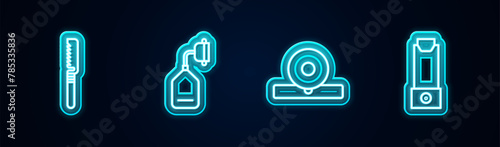Set line Medical saw, oxygen mask, Otolaryngological head reflector and Inhaler. Glowing neon icon. Vector