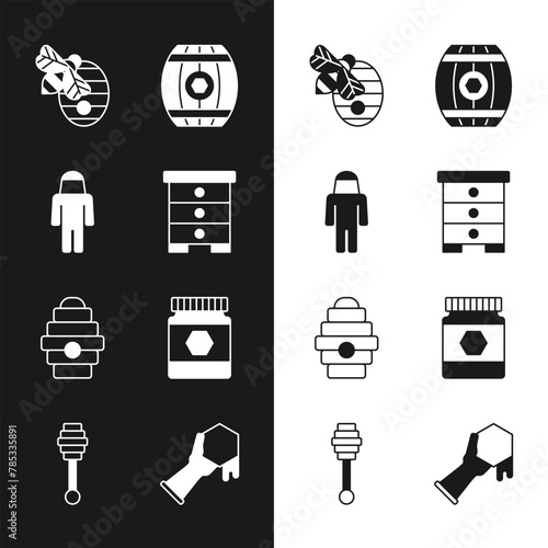 Set Hive for bees, Beekeeper with protect hat, Wooden barrel honey, Jar of, Honeycomb and hand and dipper stick icon. Vector