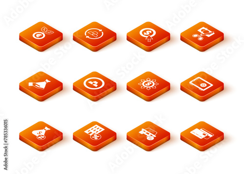 Set Money bag, House with percant discount, in hand, Gold bars, Car leasing percent, Dollar, share, network, Credit card and Safe icon. Vector