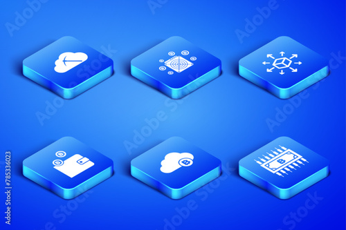 Set Cryptocurrency bitcoin with circuit, cloud mining, , wallet, ASIC Miner and Distribution icon. Vector