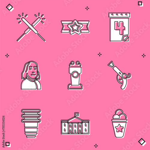 Set Sparkler firework, Star American military, Calendar with date July 4, Benjamin Franklin, Stage stand tribune, Vintage pistols, Paper glass and United States Capitol Congress icon. Vector
