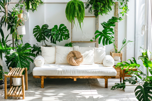 Urban jungle in bright living room interior with white couch with knot pillow and wooden furniture. © Hunman
