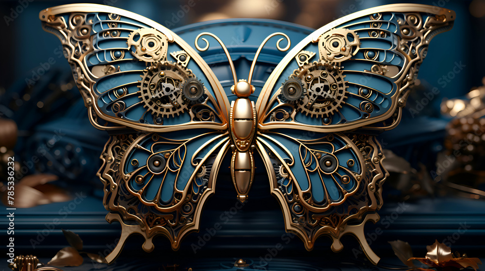 3D illustration of a golden butterfly on a blue background with gold details