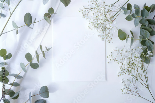 edding invitation card mockup with natural eucalyptus and white gypsophila plant twigs. photo