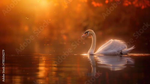 A graceful white swan floats elegantly on a peaceful body of water, displaying its beauty and tranquility
