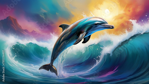 Fantasy Artwork Oil Painting of a Bottlenose Dolphin Jumping Out of Wave with Alcohol Ink Sunset Backdrop. © Snap2Art