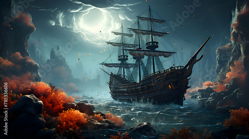 Pirate ship in the sea. Fantasy landscape. 3D rendering © Wazir Design