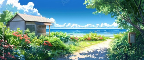 A small wooden house surrounded by lush greenery and colorful flowers  overlooking the vast ocean under clear blue skies  depicted in the style of anime art with vibrant colors and detailed textures. 