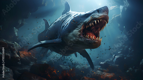 Great white shark swimming in the ocean. 3D render illustration.