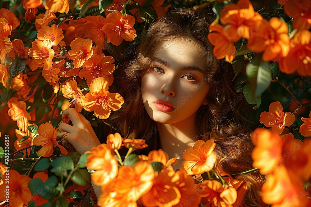 Dreamy portrait of a woman with a bouquet of orange blossoms, her face partially obscured by the delicate petals. 