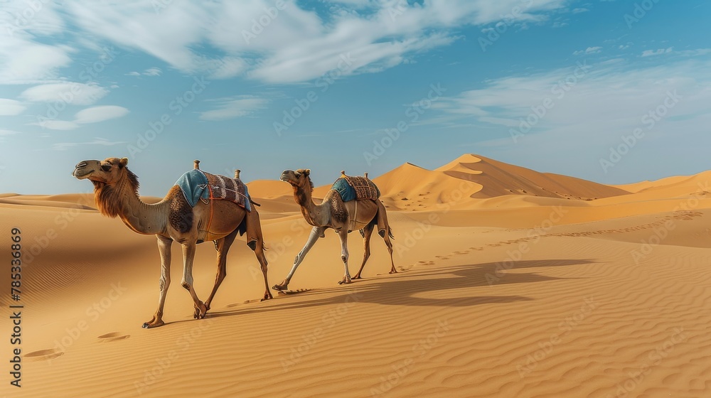 Fototapeta premium Desert Landscapes: Photograph vast desert landscapes, sand dunes, and camel caravans