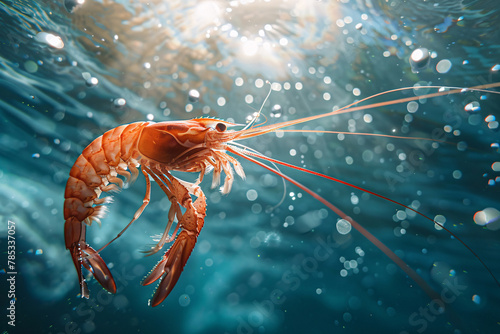 Fresh shrimp on ice in water, isolated Gourmet seafood: prawn, crayfish, shrimp Closeup of raw crustaceans in nature photo