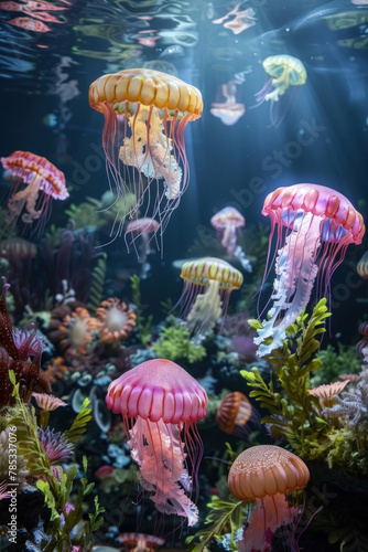 Multiple jellyfish with varying colors and shapes swimming gracefully in a large aquarium tank filled with clear water © sommersby