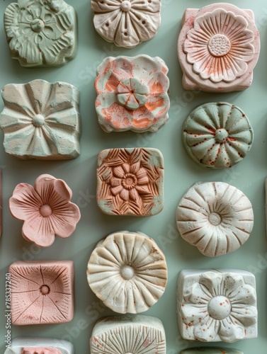 Artisanal Handcrafted Ceramic Tiles Array on Pastel Background