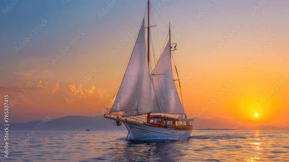 A sailboat glides through the ocean, illuminated by the warm hues of a setting sun, creating a serene atmosphere