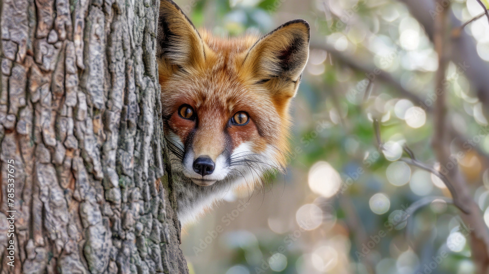 Fototapeta premium A red fox peeking out from behind a tree in a forest setting, displaying curiosity and caution in its natural habitat