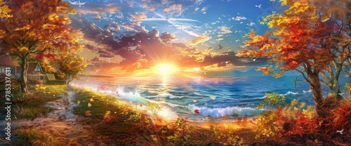 A stunning anime landscape of the sunset over an ocean, with clouds in shades of orange and blue, and trees on both sides of it. In front is a path leading to houses in the style of the water's edge.